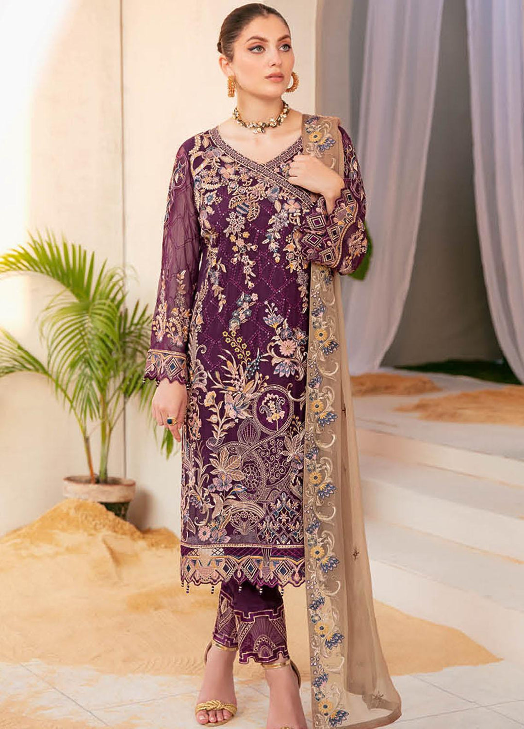 Ramsha Embroidered Chiffon Suits Unstitched 3 Piece RSH22C F-2206 - Luxury Collection