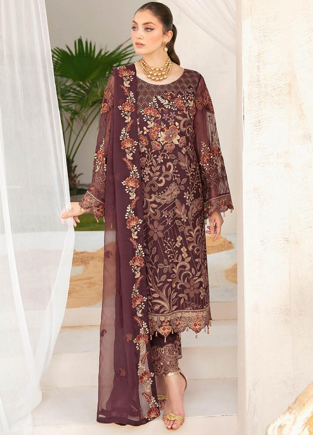 Ramsha Embroidered Chiffon Suits Unstitched 3 Piece RSH22C F-2211 - Luxury Collection