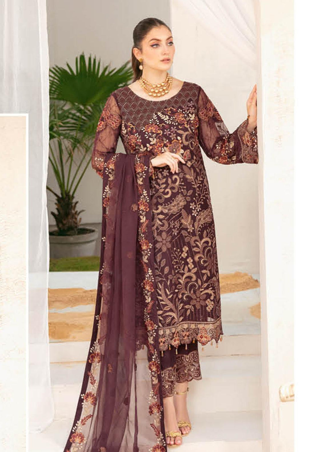 Ramsha Embroidered Chiffon Suits Unstitched 3 Piece RSH22C F-2211 - Luxury Collection