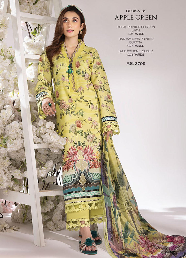 Rang Rasiya Printed Lawn Suits Unstitched 3 Piece RR23SB D-01 Apple Green - Summer Collection