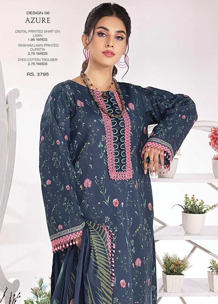 Rang Rasiya Printed Lawn Suits Unstitched 3 Piece RR23SB D-06 Azure - Summer Collection