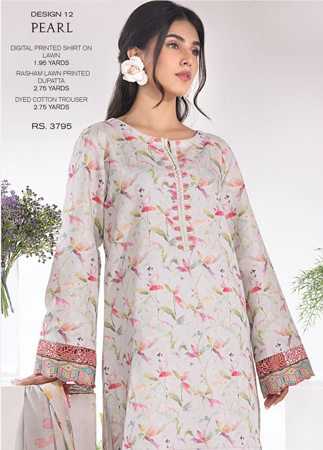 Rang Rasiya Printed Lawn Suits Unstitched 3 Piece RR23SB D-12 Pearl - Summer Collection