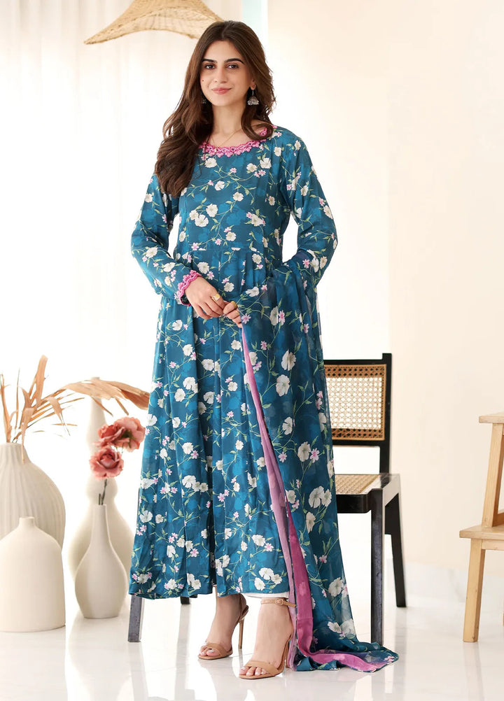 Rangeen Pret Printed Raw Silk 3 Piece Suit Floral Charm