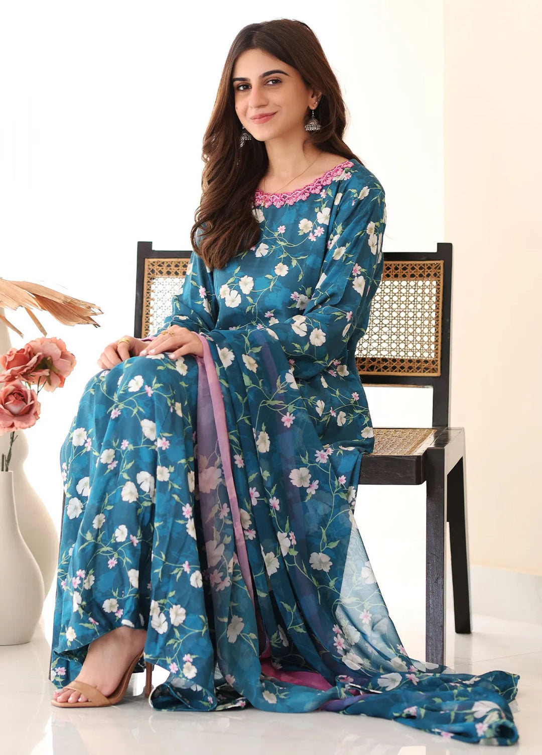 Rangeen Pret Printed Raw Silk 3 Piece Suit Floral Charm