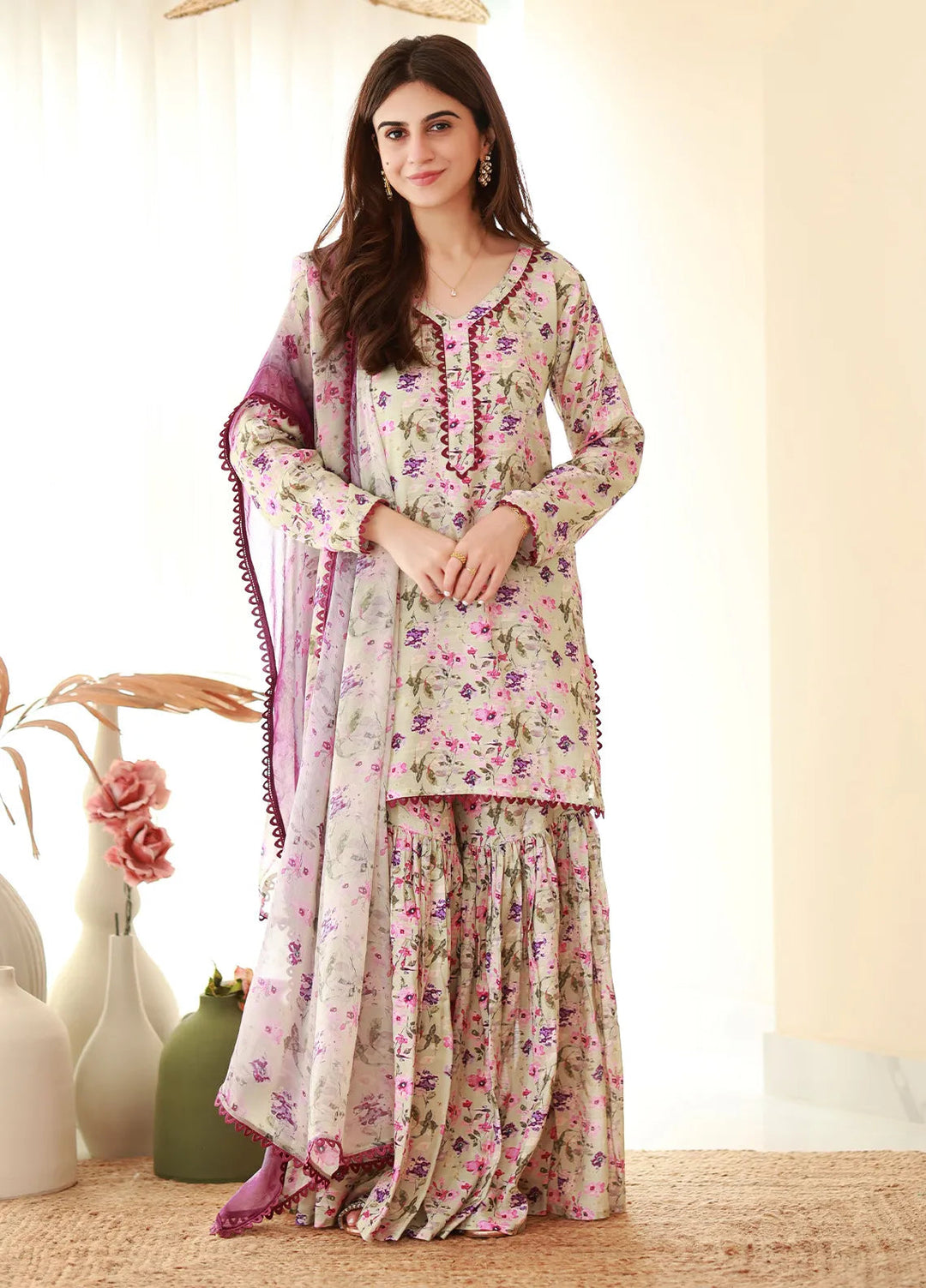 Rangeen Pret Printed Raw Silk 3 Piece Suit Lavender Bloom