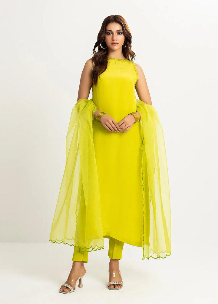 Rangeen Pret Printed Raw Silk 3 Piece Suit Lime