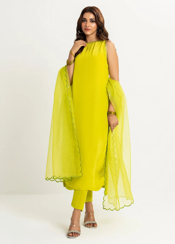 Rangeen Pret Printed Raw Silk 3 Piece Suit Lime