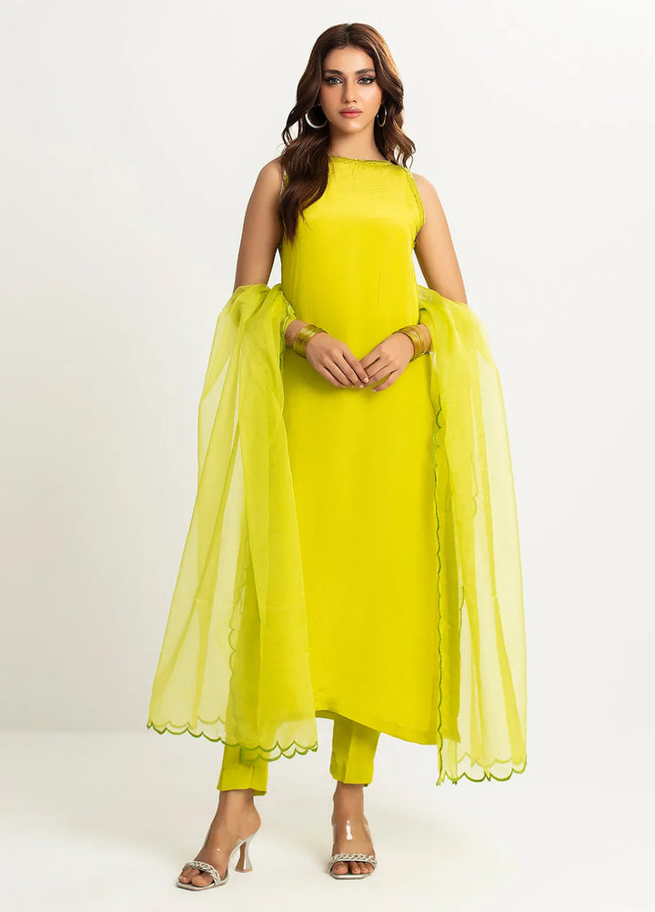 Rangeen Pret Printed Raw Silk 3 Piece Suit Lime