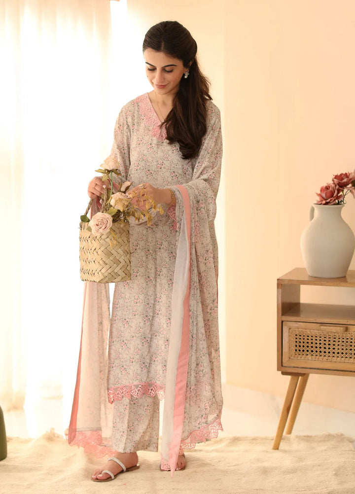 Rangeen Pret Printed Raw Silk 3 Piece Suit Pink Blossom