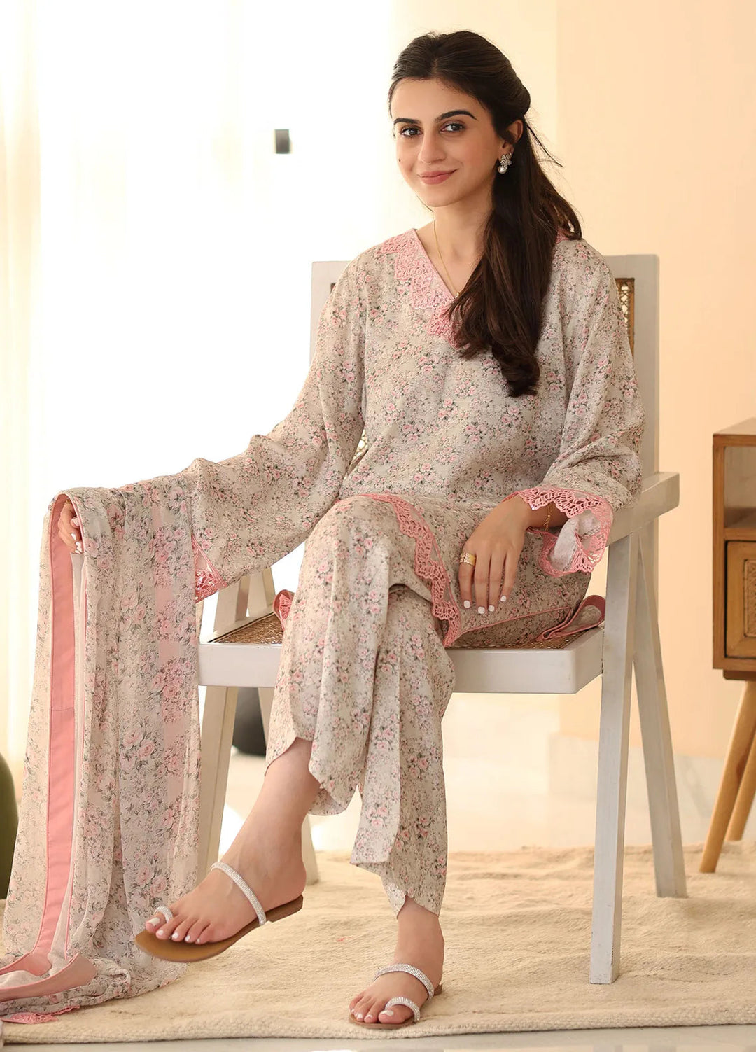 Rangeen Pret Printed Raw Silk 3 Piece Suit Pink Blossom