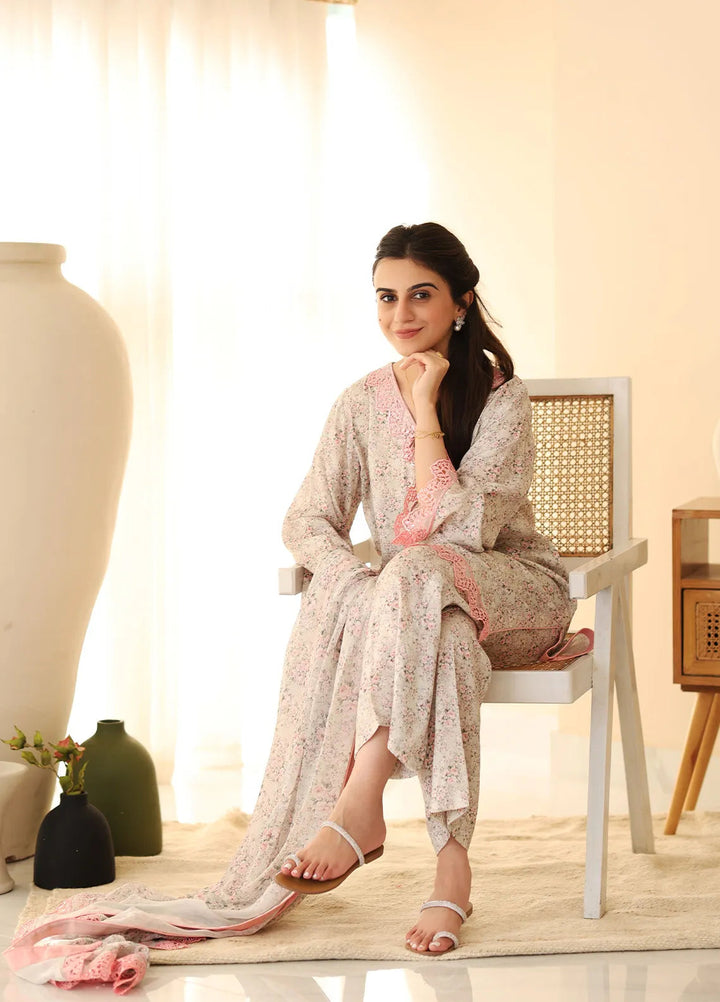 Rangeen Pret Printed Raw Silk 3 Piece Suit Pink Blossom