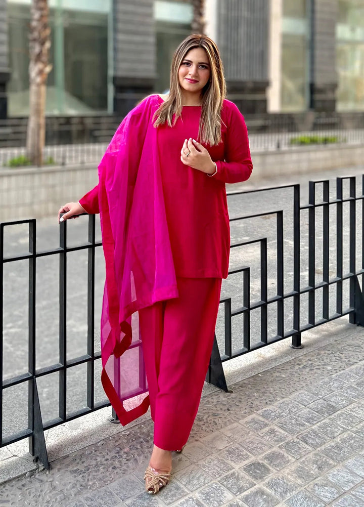 Rangeen Pret Printed Raw Silk 3 Piece Suit Ruby