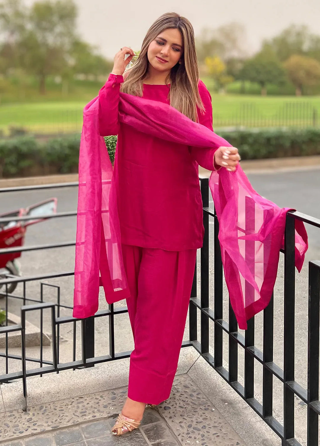 Rangeen Pret Printed Raw Silk 3 Piece Suit Ruby