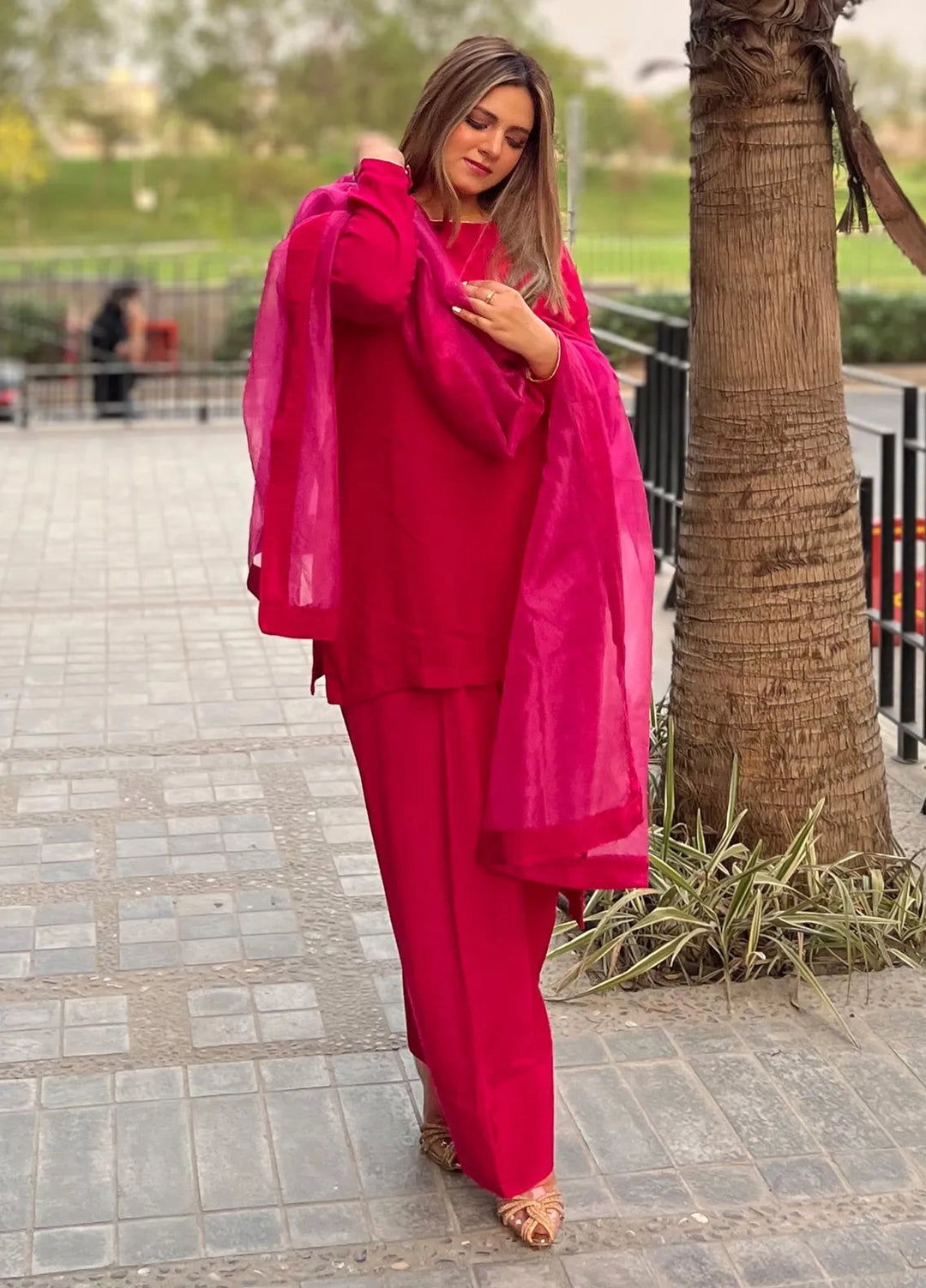 Rangeen Pret Printed Raw Silk 3 Piece Suit Ruby