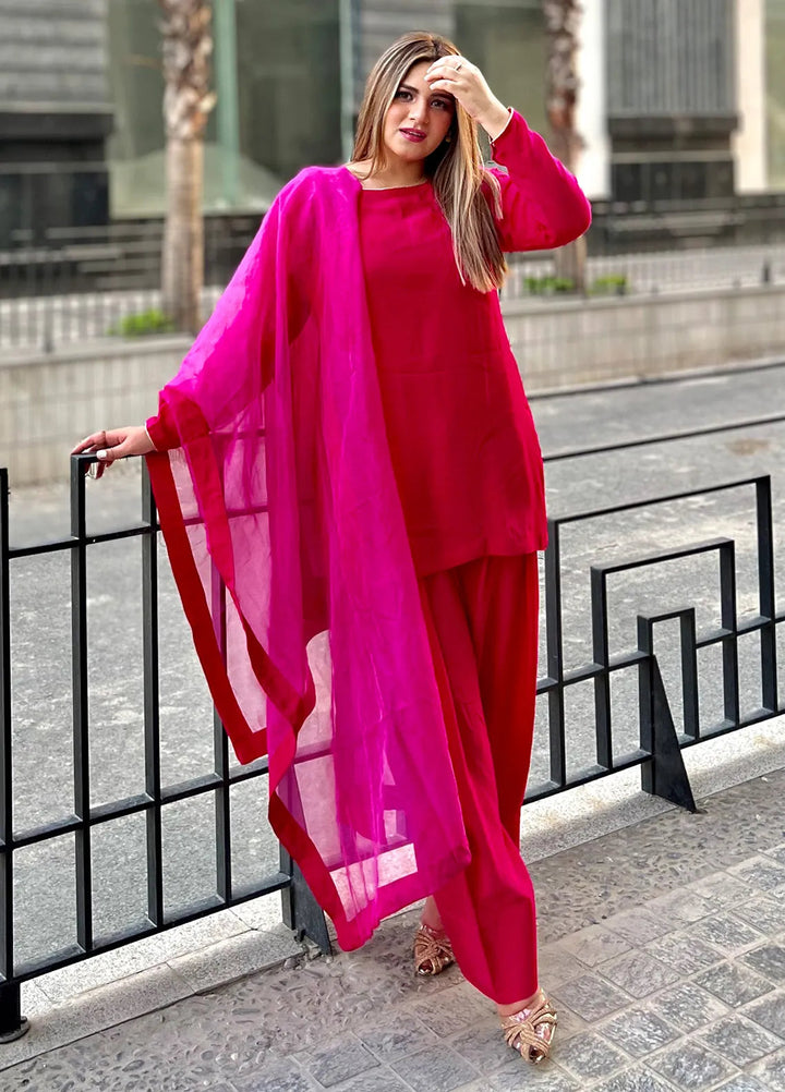 Rangeen Pret Printed Raw Silk 3 Piece Suit Ruby