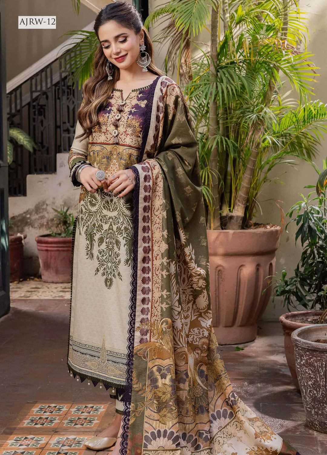 Rania By Asim Jofa Printed Slub Unstitched Suit 3 Piece AJ23RN AJRW-12 - Winter Collection