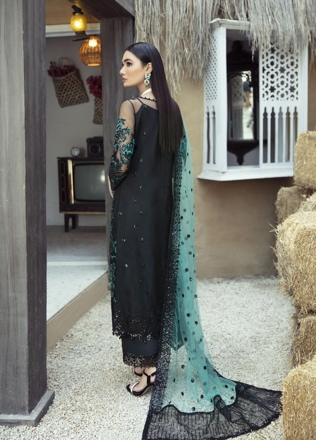 Rawayat by Zainab Manan Embroidered Net Suits Unstitched 3 Piece ZNM22RW ZM-06 Ignite Black - Luxury Festive Collection
