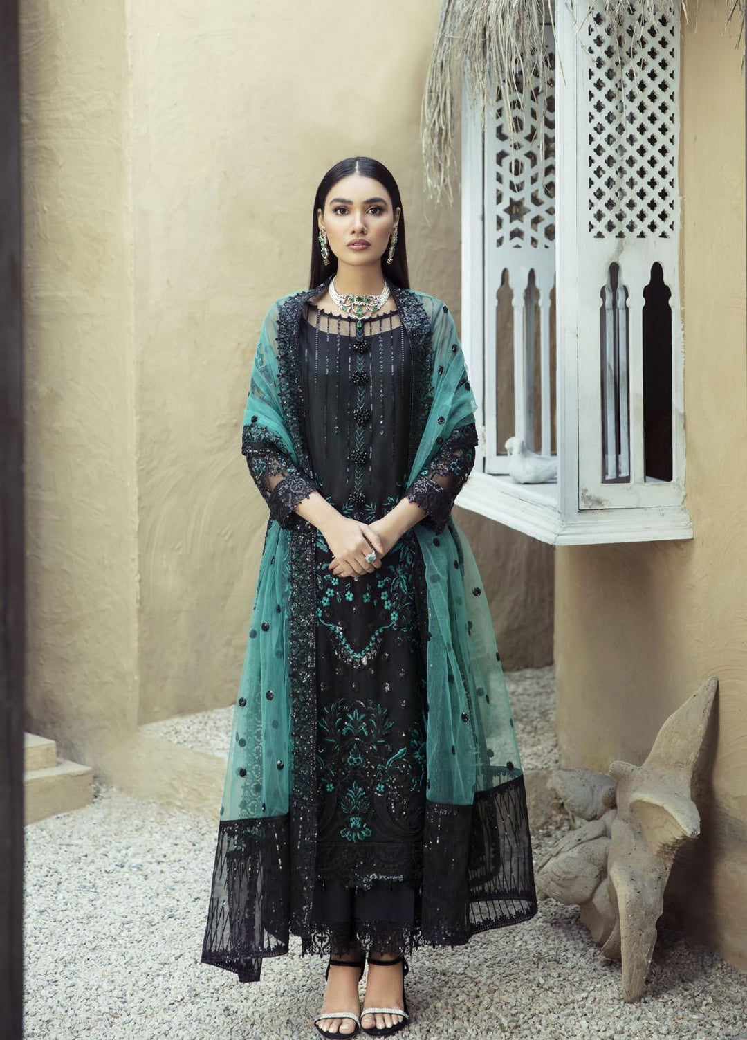 Rawayat by Zainab Manan Embroidered Net Suits Unstitched 3 Piece ZNM22RW ZM-06 Ignite Black - Luxury Festive Collection