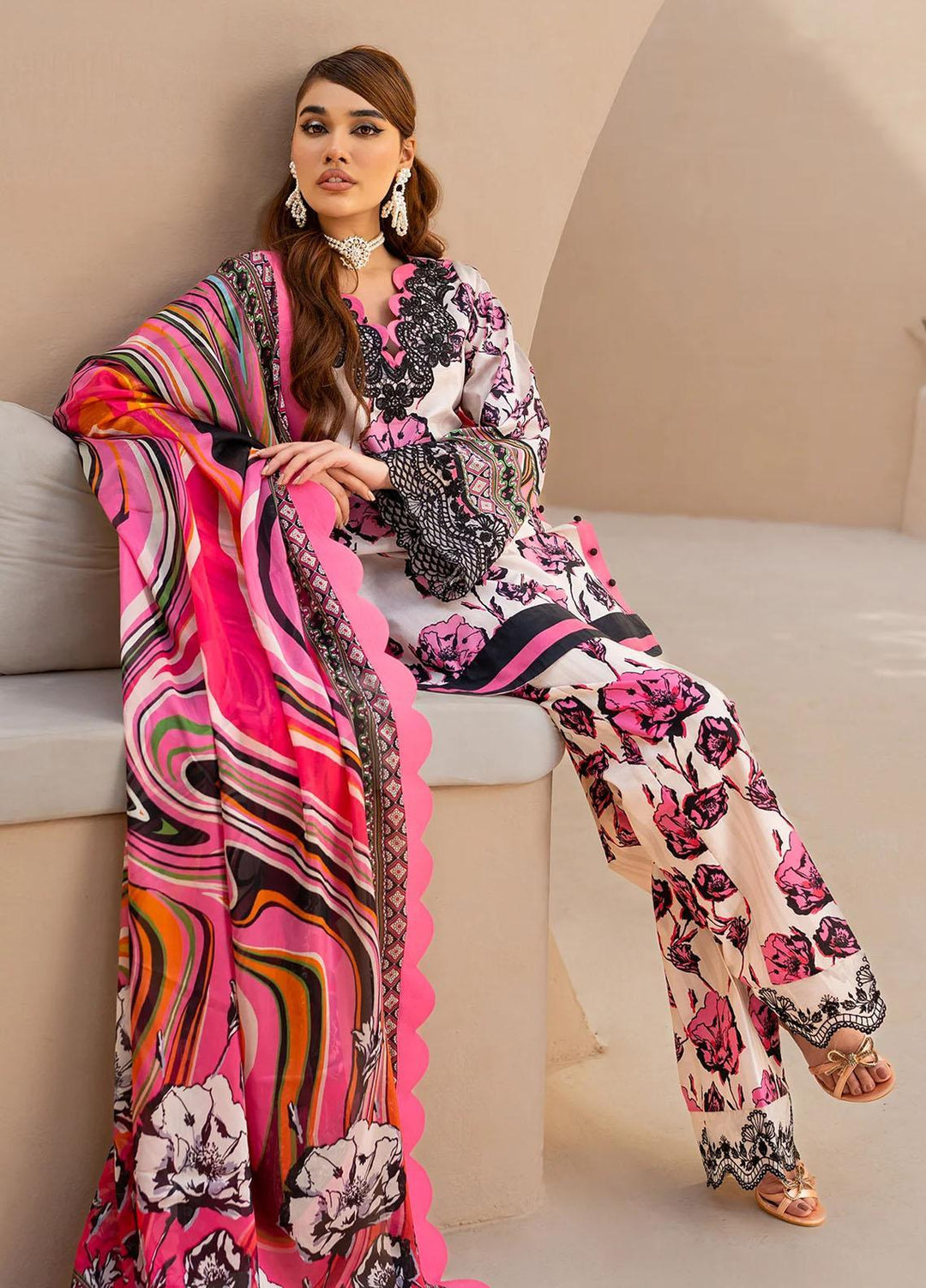 Raya By Maria Osama Khan Embroidered  Suits Unstitched 3 Piece MOK23RAY MR-01 Electric Pink - Summer Collection