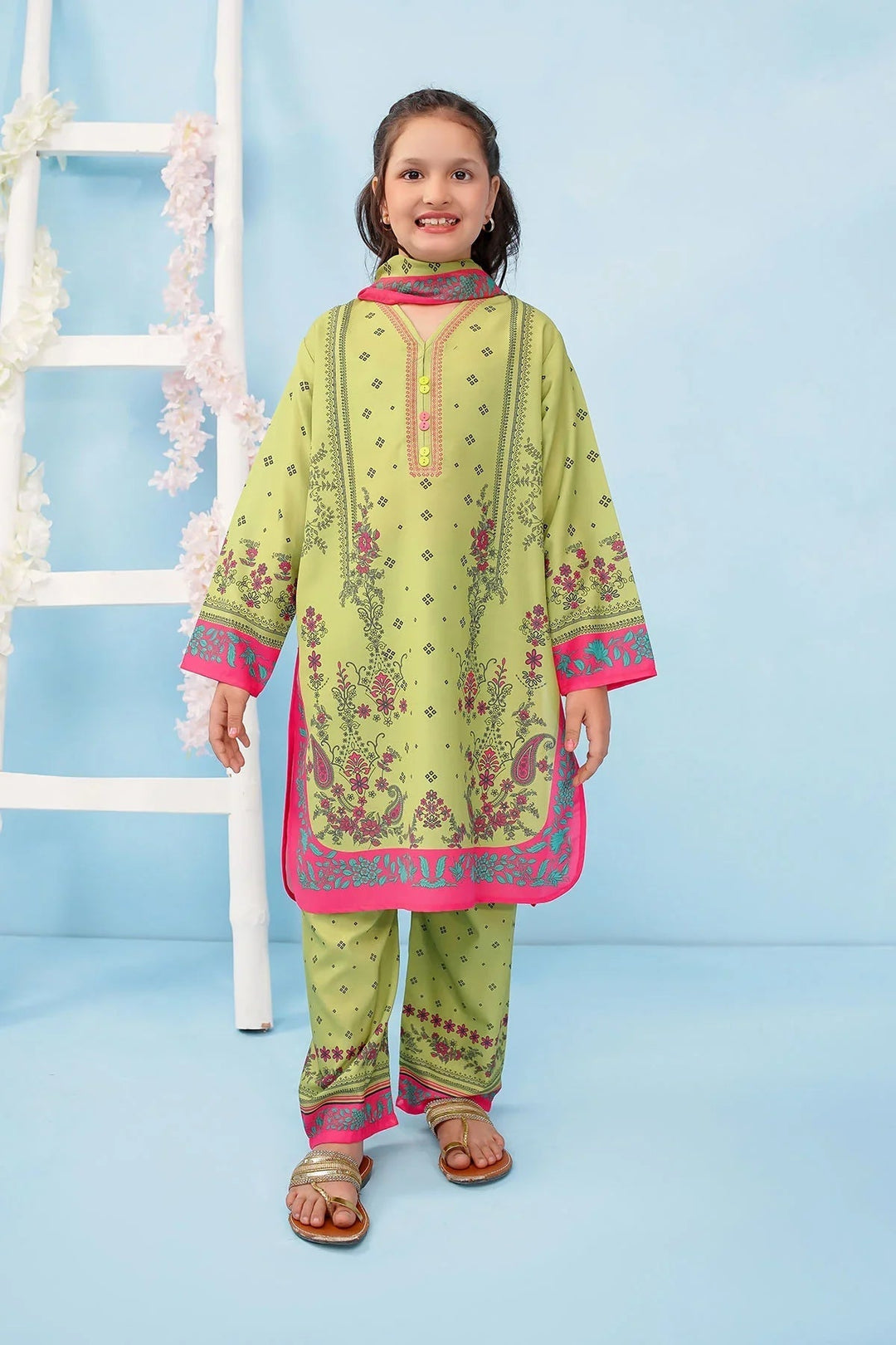 Ochre Girls RTW Poly 3 Piece Suit Lime Green Poly Lawn Digital Printed Kurta - Festive Collection