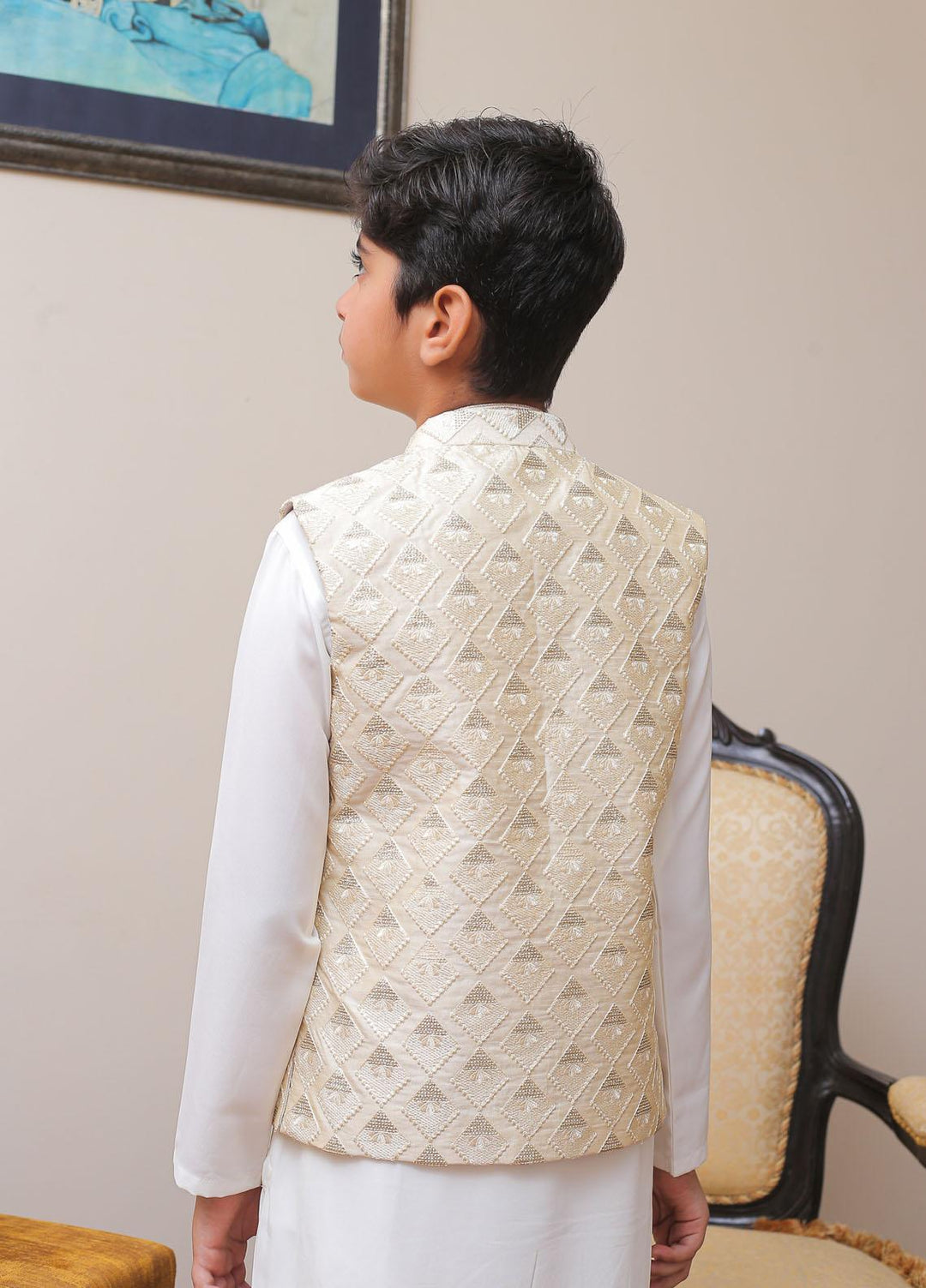 Real Image Raw Silk Smart Fit Waistcoat for Kids -  OKW-023 Cream