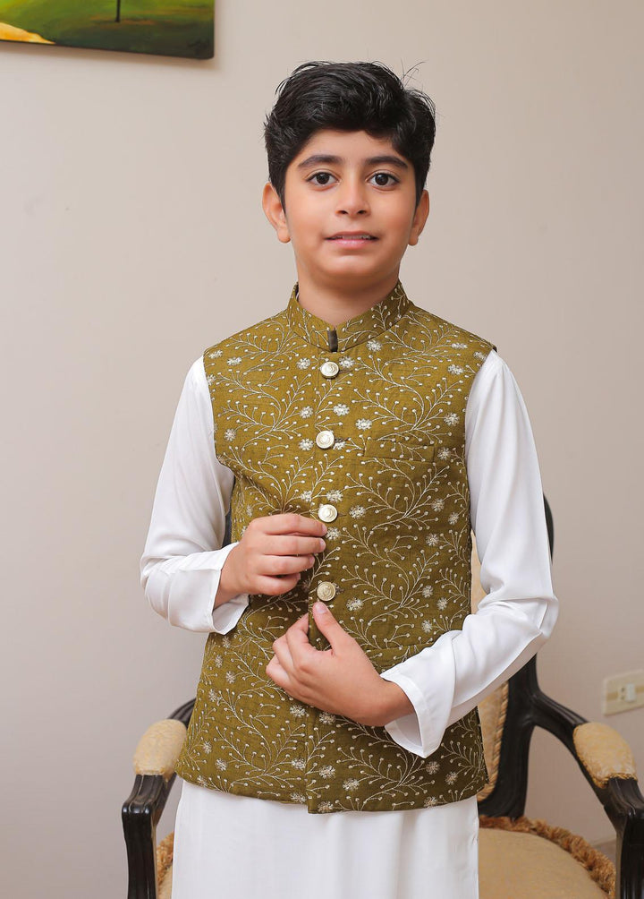 Real Image Raw Silk Smart Fit Waistcoat for Kids -  OKW-022 Mehndi
