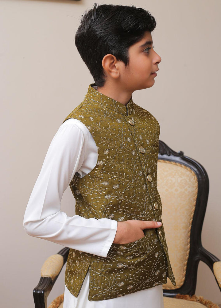 Real Image Raw Silk Smart Fit Waistcoat for Kids -  OKW-022 Mehndi