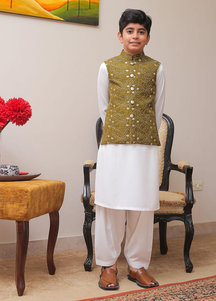 Real Image Raw Silk Smart Fit Waistcoat for Kids -  OKW-022 Mehndi