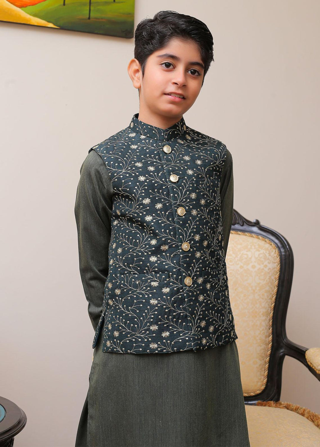 Real Image Raw Silk Smart Fit Kids Waistcoat -  OKW-024 Green