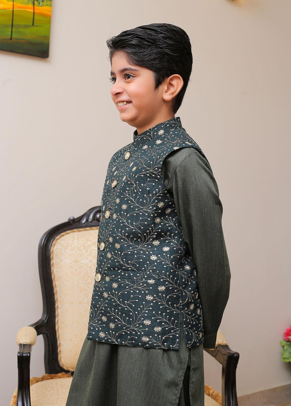 Real Image Raw Silk Smart Fit Kids Waistcoat -  OKW-024 Green
