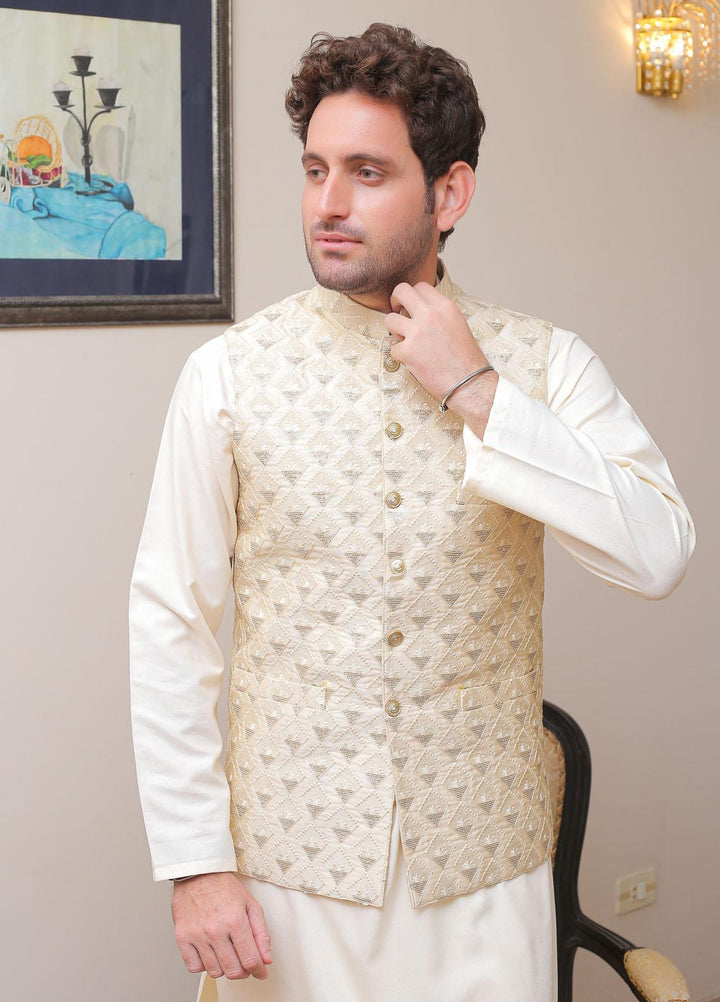 Real Image Raw Silk Formal Waistcoat for Men -  OWP - 023 Cream