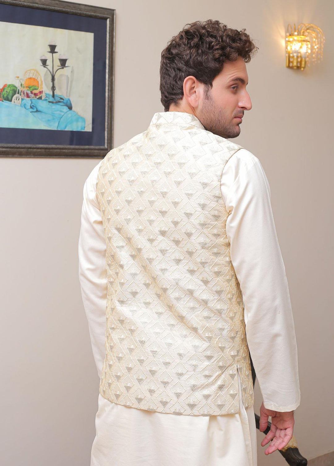 Real Image Raw Silk Formal Waistcoat for Men -  OWP - 023 Cream