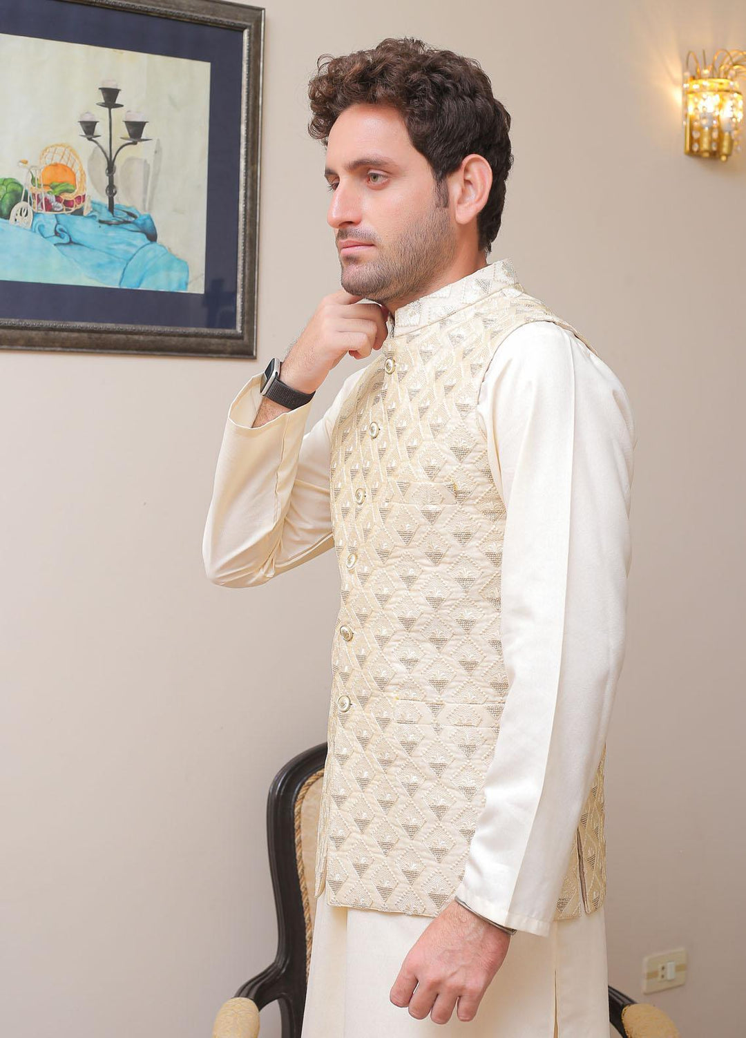 Real Image Raw Silk Formal Waistcoat for Men -  OWP - 023 Cream