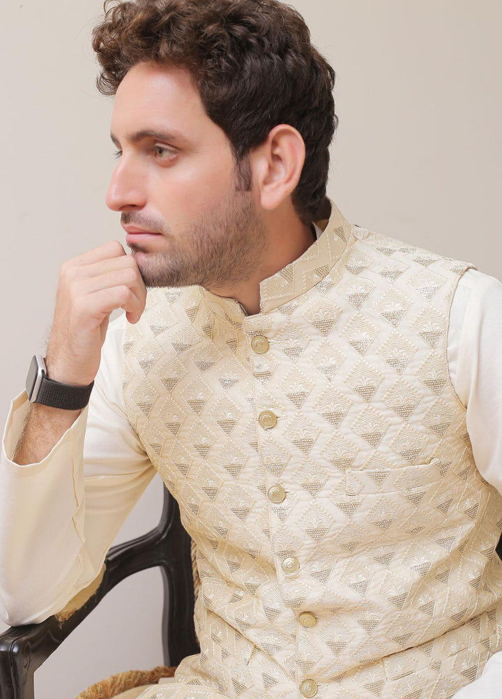 Real Image Raw Silk Formal Waistcoat for Men -  OWP - 023 Cream