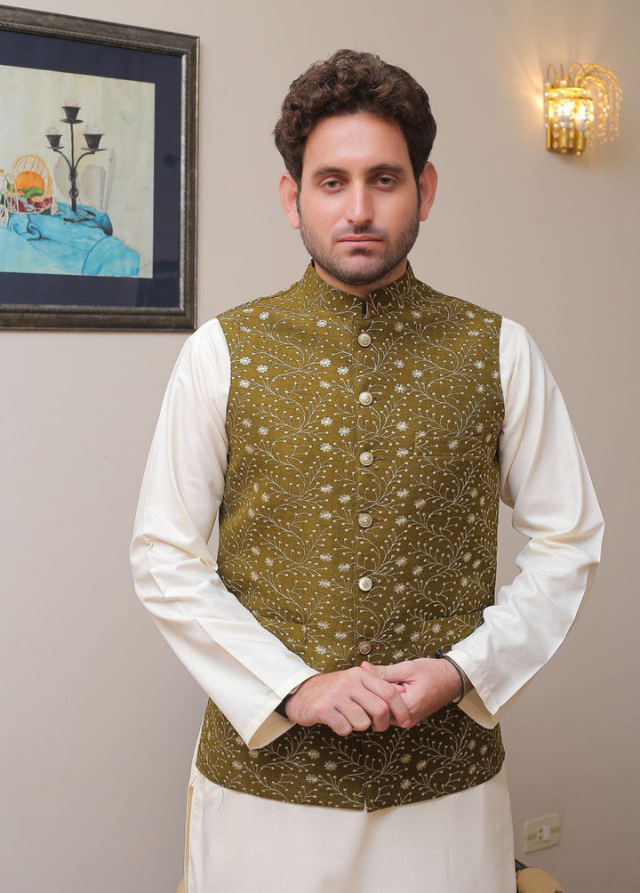 Real Image Raw Silk Smart Fit Waistcoat for Mens -  OWP-022 Mehndi