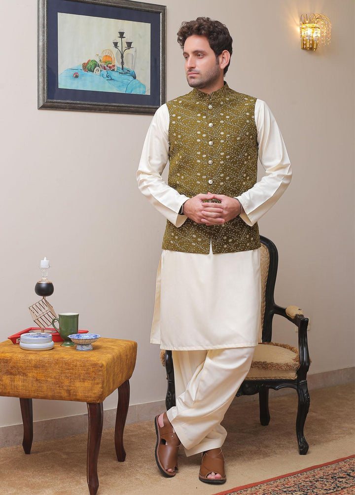 Real Image Raw Silk Smart Fit Waistcoat for Mens -  OWP-022 Mehndi