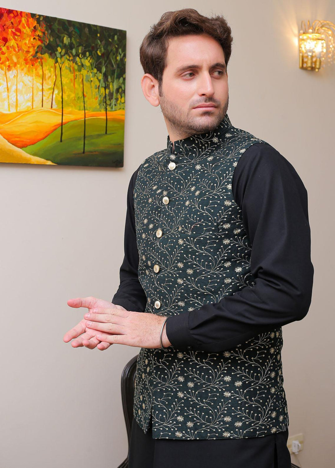 Real Image Raw Silk Smart Fit Mens Waistcoat -  OWP-024 Green