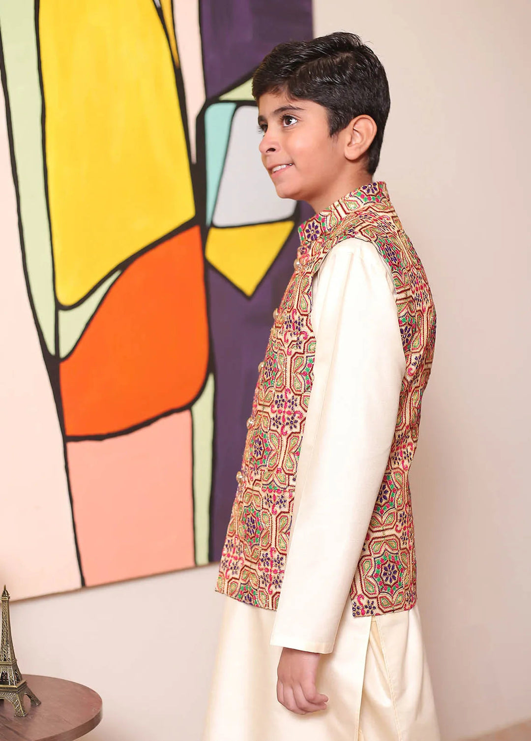 Real Image Jamawar Formal Boys Fancy Waistcoat - KW-123