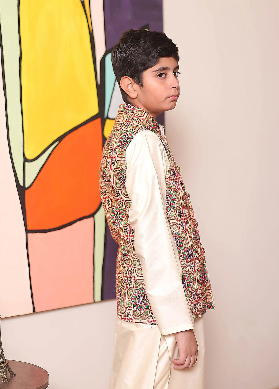 Real Image Jamawar Formal Boys Fancy Waistcoat - KW-123