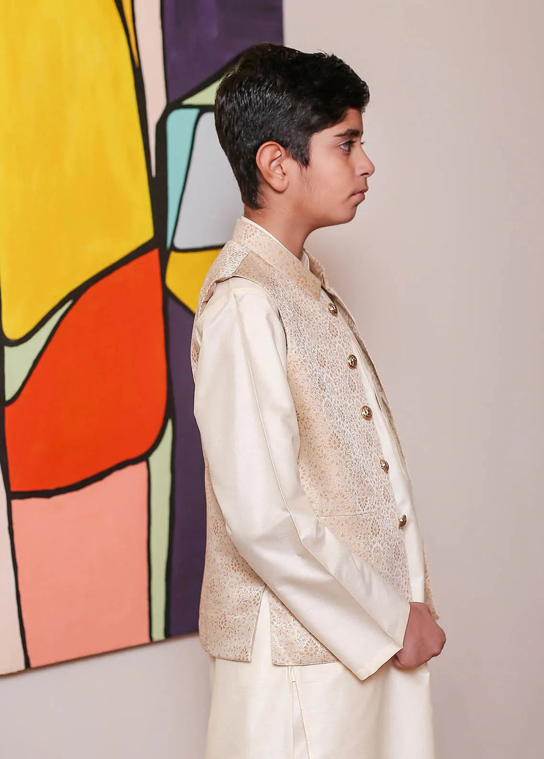 Real Image Jamawar Formal Boys Fancy Waistcoat - KW-161