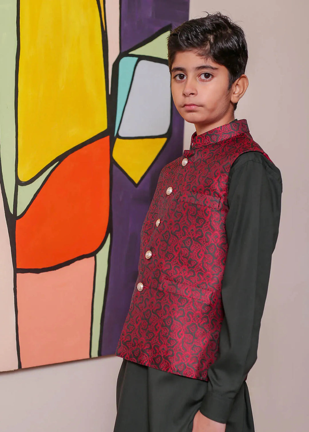 Real Image Jamawar Formal Boys Fancy Waistcoat - OKW-043