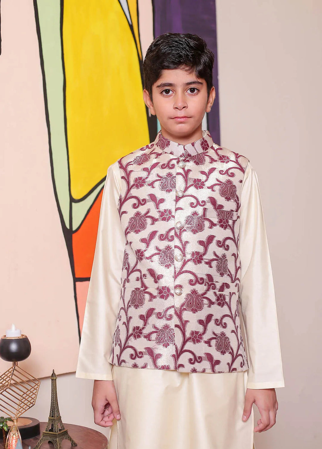 Real Image Jamawar Formal Boys Fancy Waistcoat - OKW-045