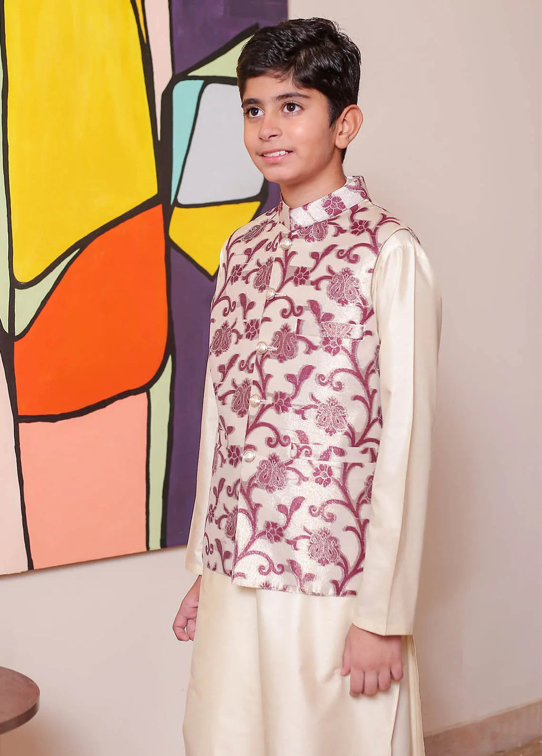 Real Image Jamawar Formal Boys Fancy Waistcoat - OKW-045