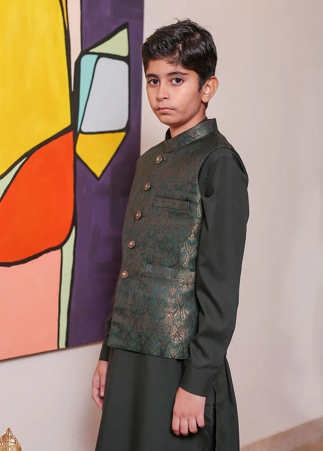 Real Image Jamawar Formal Boys Fancy Waistcoat - OKW-048A