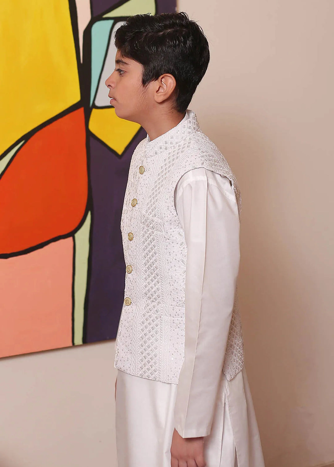 Real Image Jamawar Formal Boys Fancy Waistcoat - OKW-121