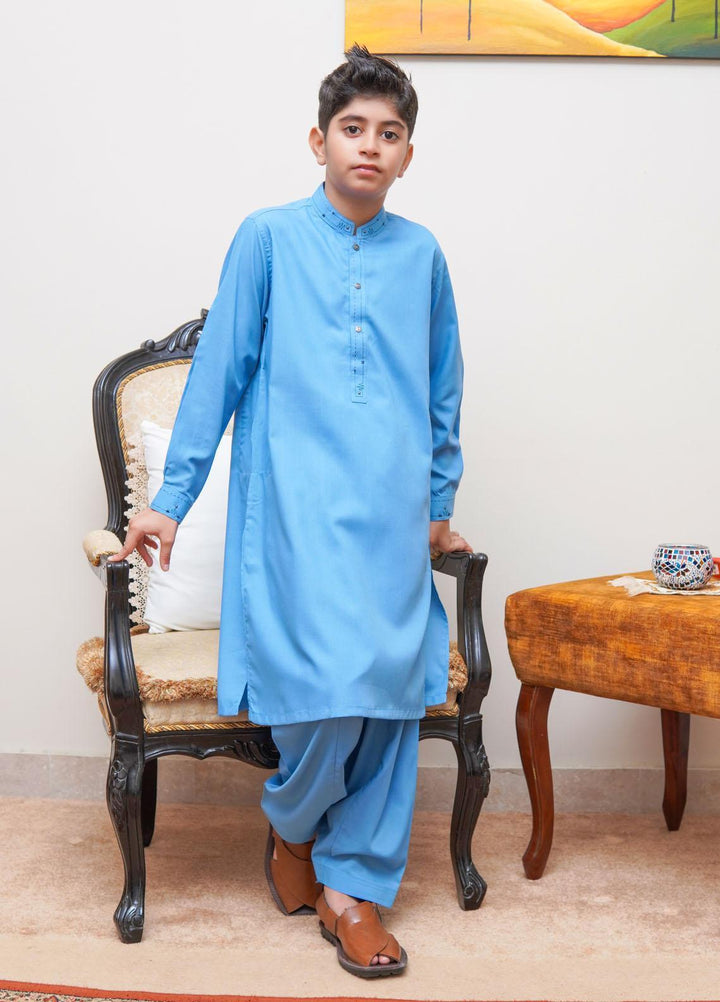 Real Image Wash N Wear Regular Fit Kurta Shalwar for Kids -  KS-021 Firozi
