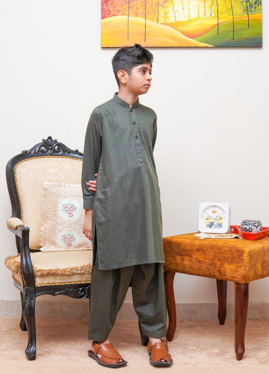 Real Image Wash N Wear Regular Fit Kurta Shalwar for Kids -  KP-59 Green