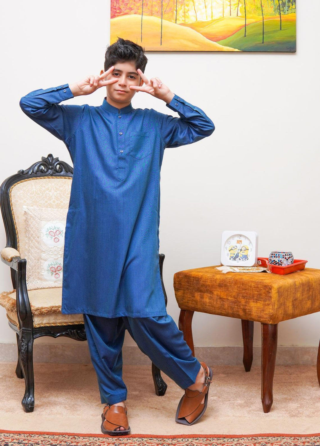 Real Image Wash N Wear Regular Fit Kurta Shalwar for Kids -  KP-59 Blue