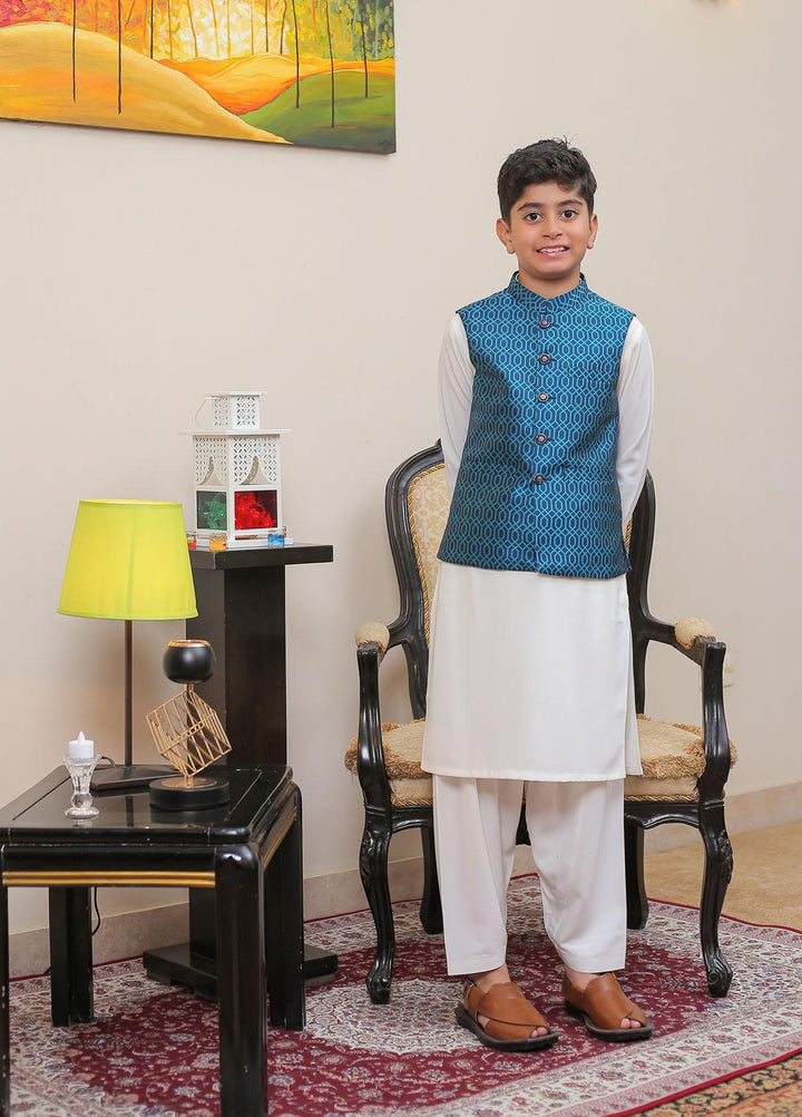 Real Image Jamawar Smart Fit Waistcoat for Kids -  KW-001 Firozi