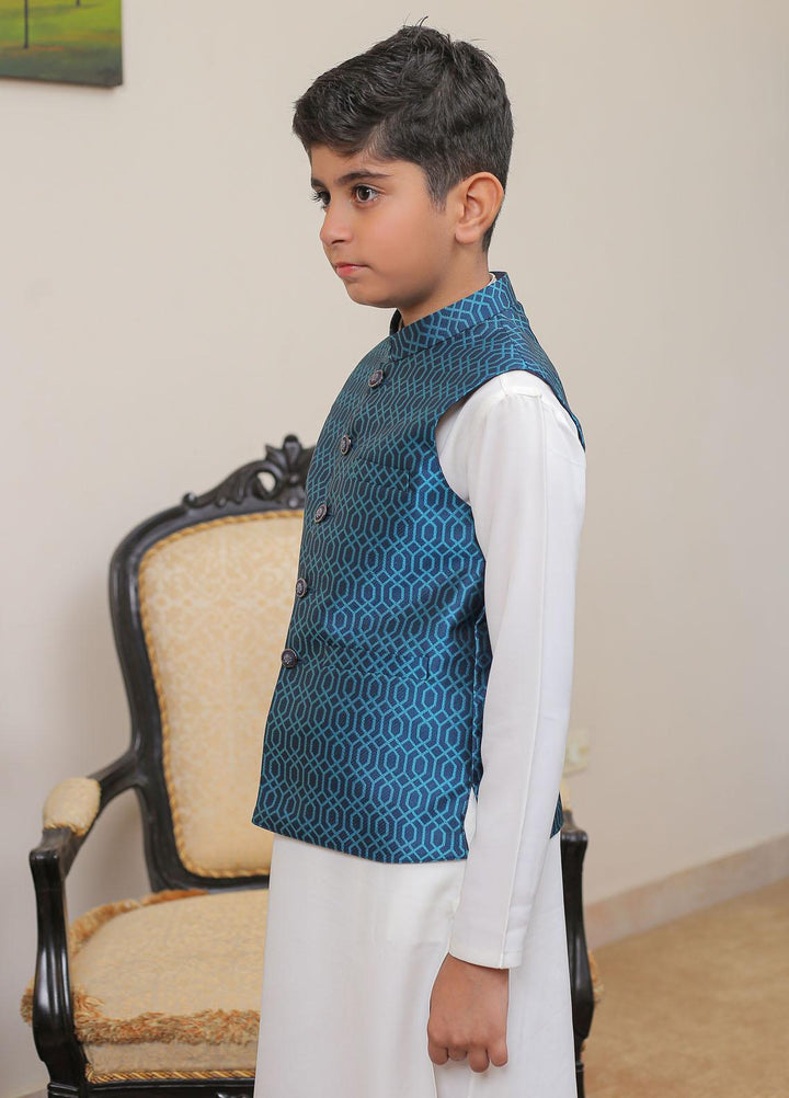 Real Image Jamawar Smart Fit Waistcoat for Kids -  KW-001 Firozi